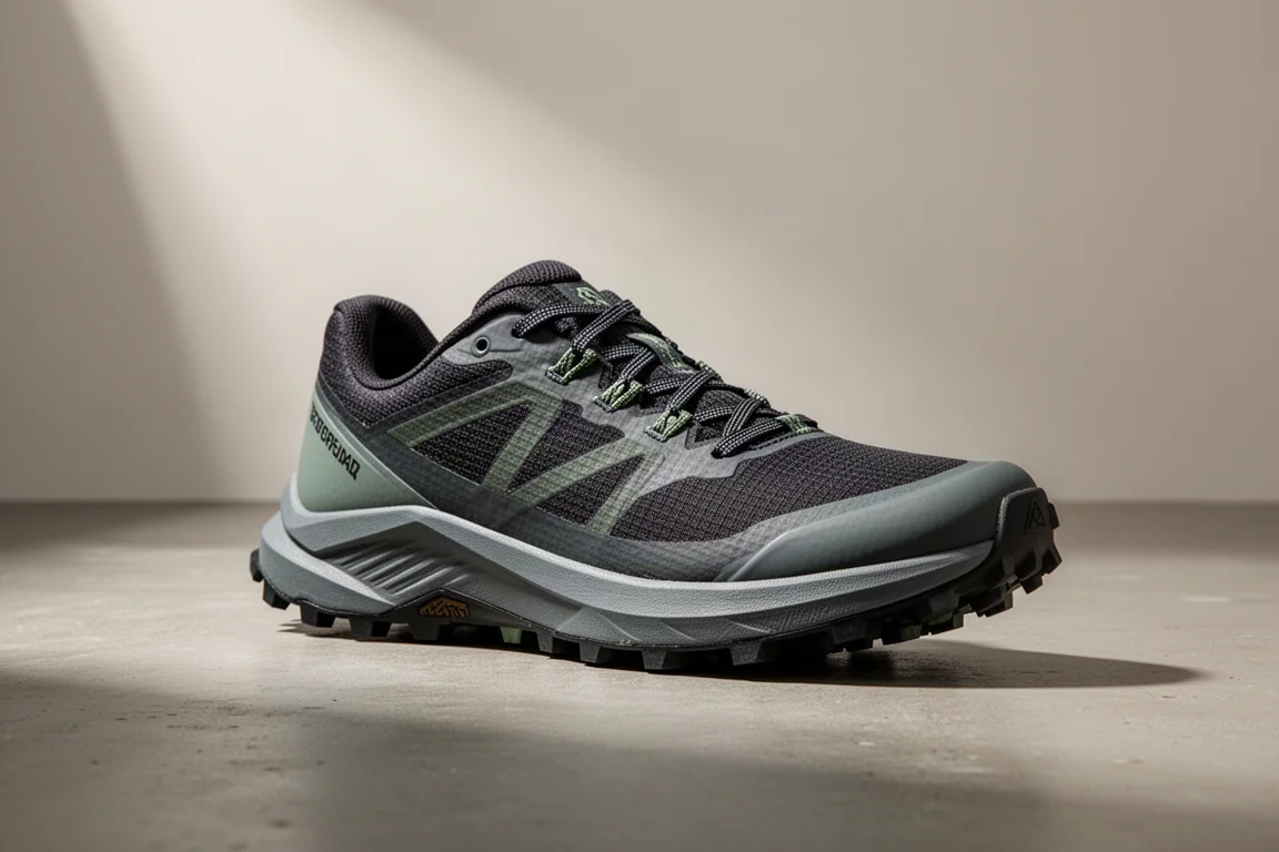 Scarpa da trail running dal profilo basso con suola scolpita fotografata su una superficie in cemento opaco