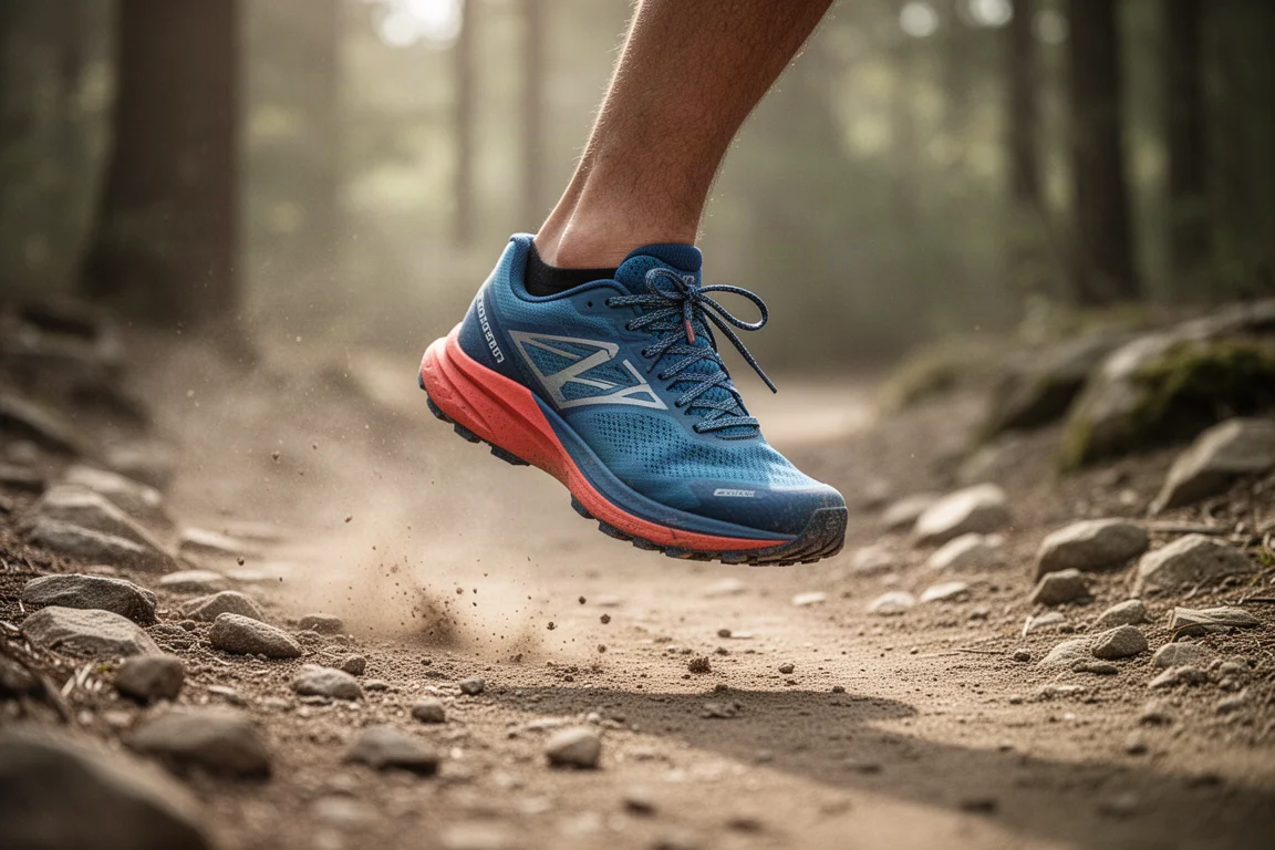 Trail runner in corsa su un sentiero roccioso d'altura nel Lake District