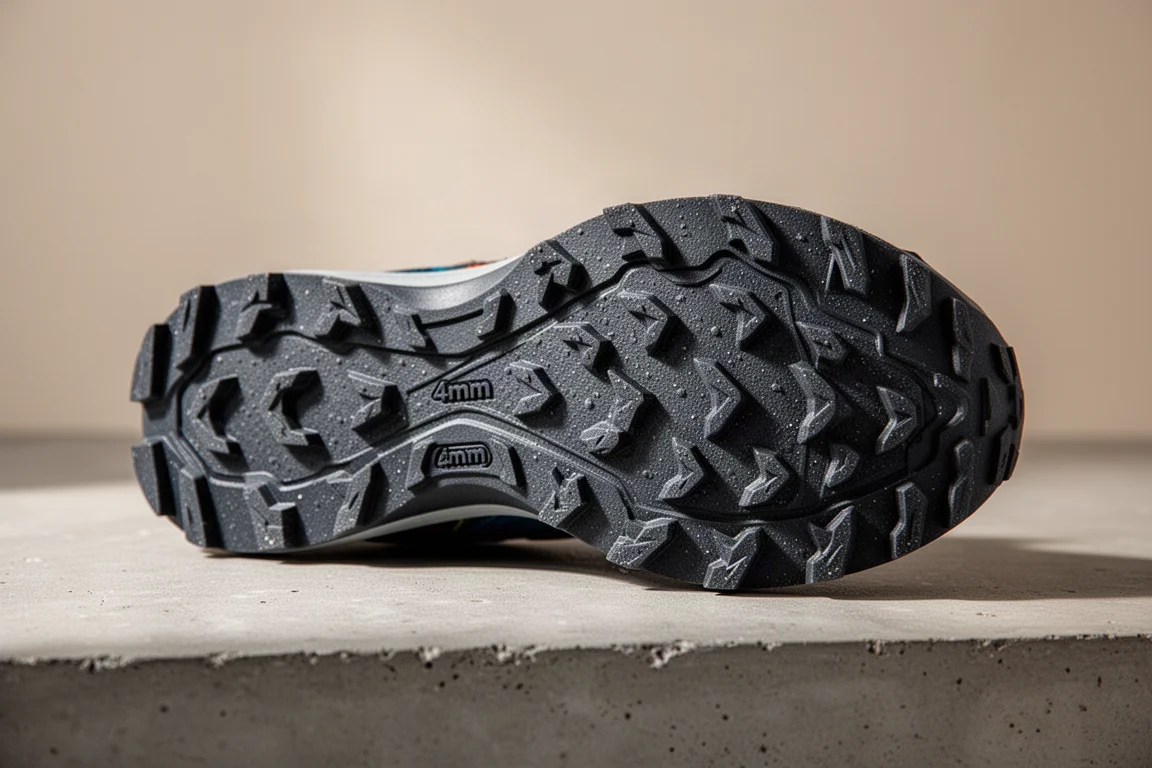 Dettaglio del sottopiede perforato e della linguetta imbottita di una scarpa da trail running