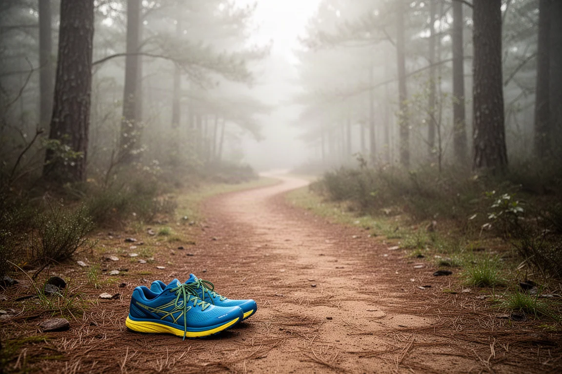 Trail runner che attraversa un sentiero sterrato in riva al lago al crepuscolo