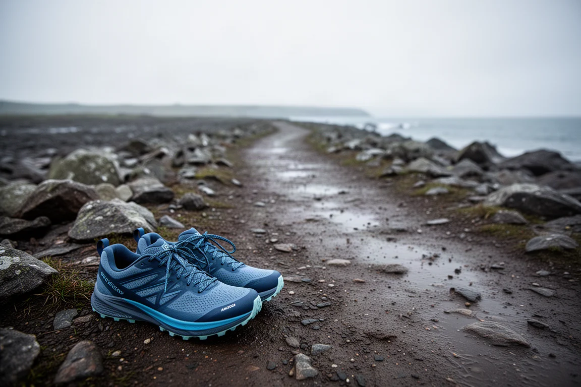 Scarpe da trail running su una superficie di cemento con un sentiero costiero ruvido sullo sfondo