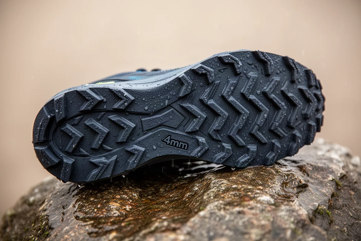 Primo piano della suola di una scarpa da trail con tasselli multidirezionali da 4mm