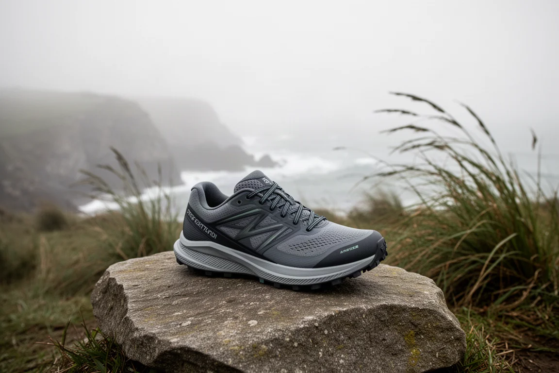 Scarpa da trail appoggiata su una roccia con una costa nebbiosa sullo sfondo