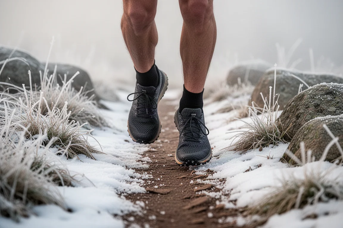 Trail runner's feet on a snowy singletrack path in cold morning light