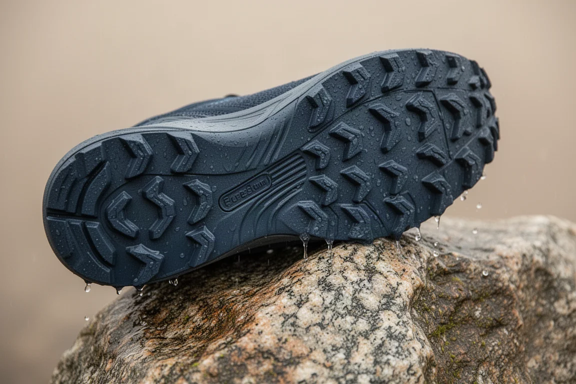 Close-up of a lugged trail shoe outsole gripping a wet rock