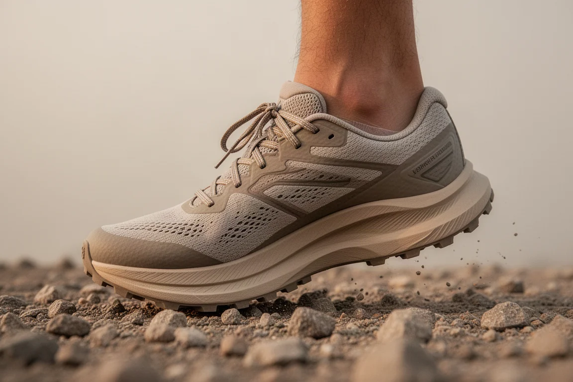 Nitrogen-infused trail midsole flexing during a foot strike on gravel