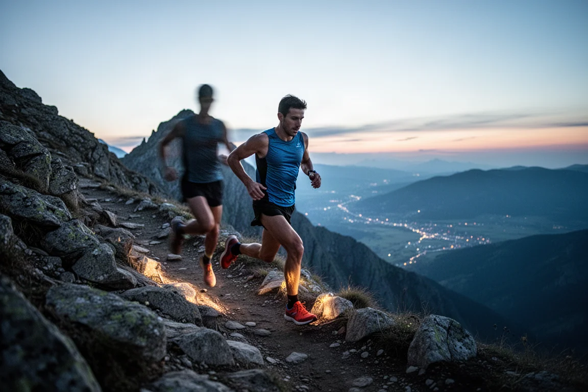 Runner climbing a mountain trail at dusk with headlamp glow on the horizon