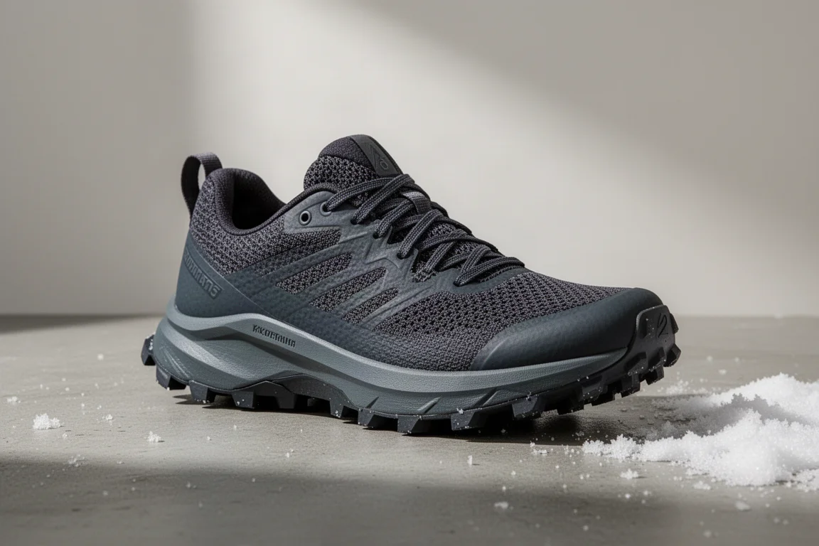 Inov-8 Trailfly Ultra G 280 trail running shoe on concrete with light snow