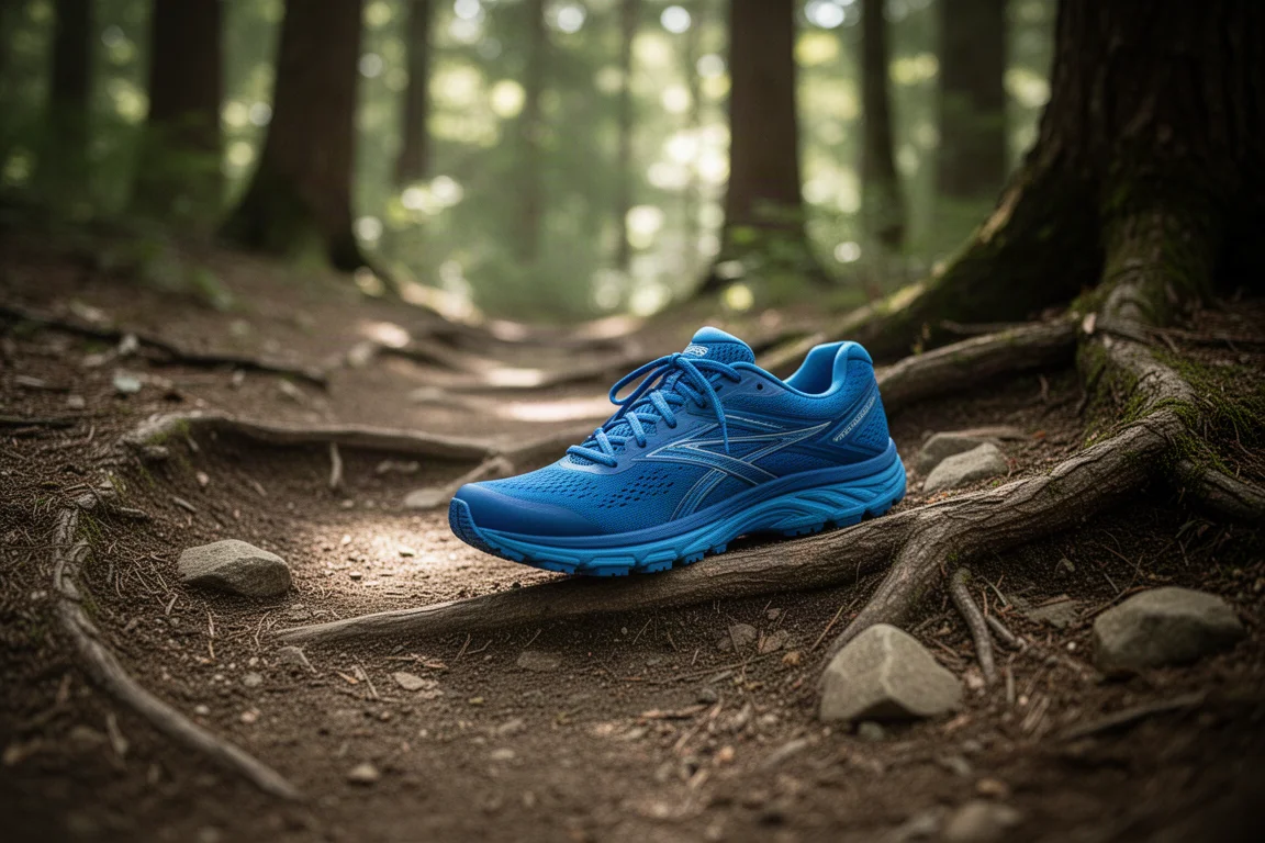 Zapatilla de trail running azul sobre un sendero forestal con raíces y piedras