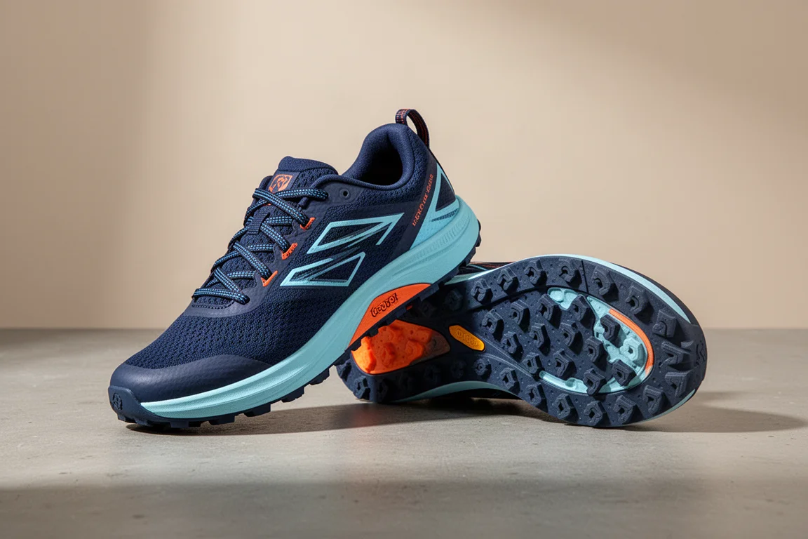 Pair of navy zero drop trail running shoes with visible rubber lugs on concrete