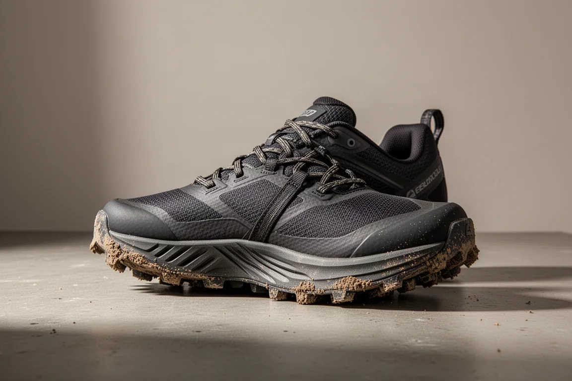 Inov-8 X-Talon Ultra 260 V2 trail shoe with muddy lugged outsole on concrete surface