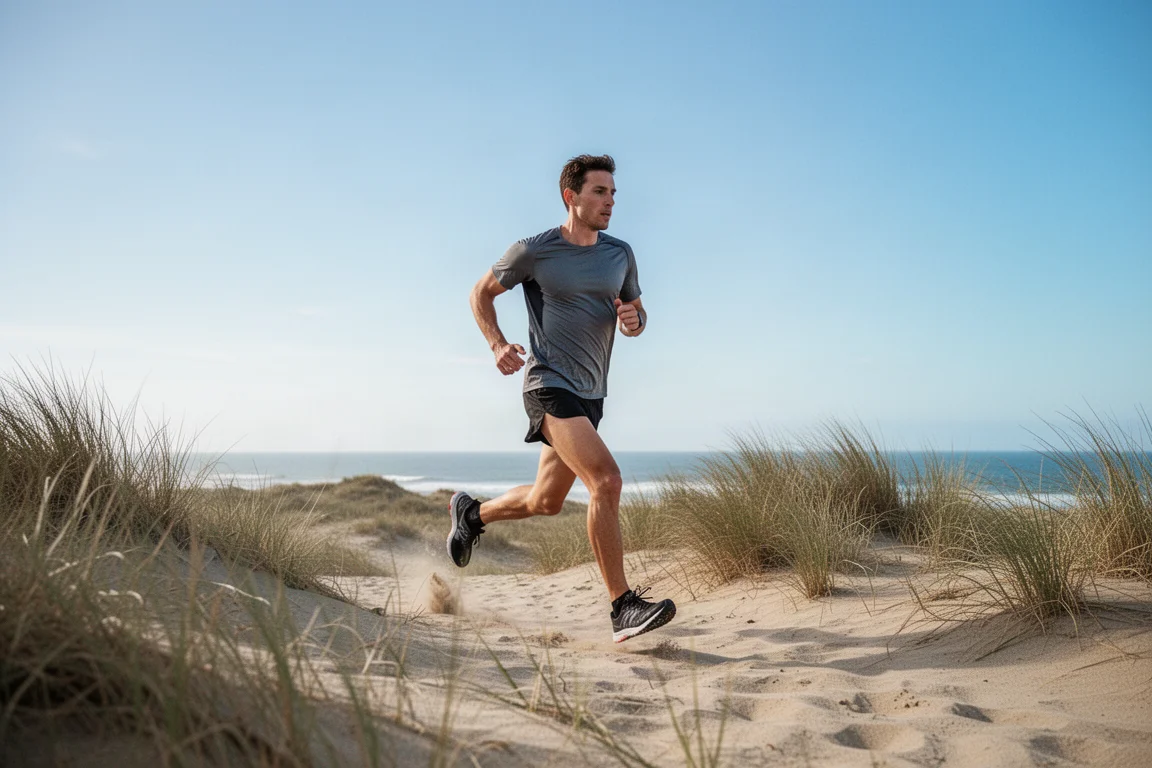 Coureur de trail sur un terrain côtier meuble par temps clair