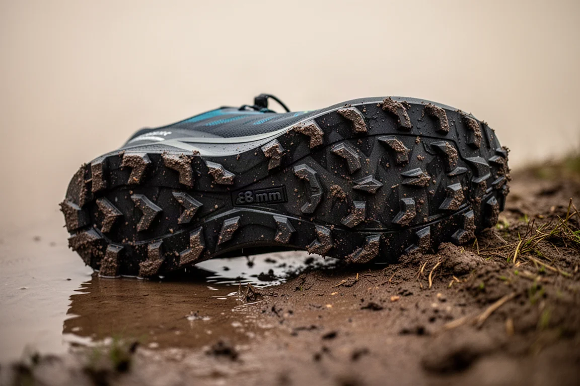 Gros plan sur la semelle extérieure cramponnée d'une chaussure de trail