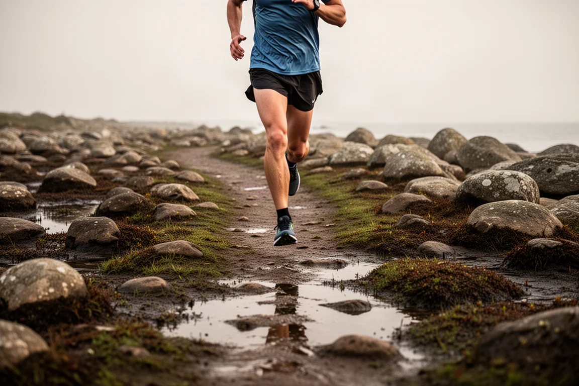 Coureur progressant sur un sentier côtier étroit et rocailleux