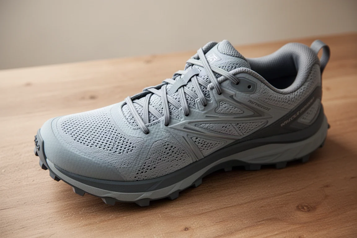 Détail de la tige d'une chaussure de trail avec tissu respirant et renforts