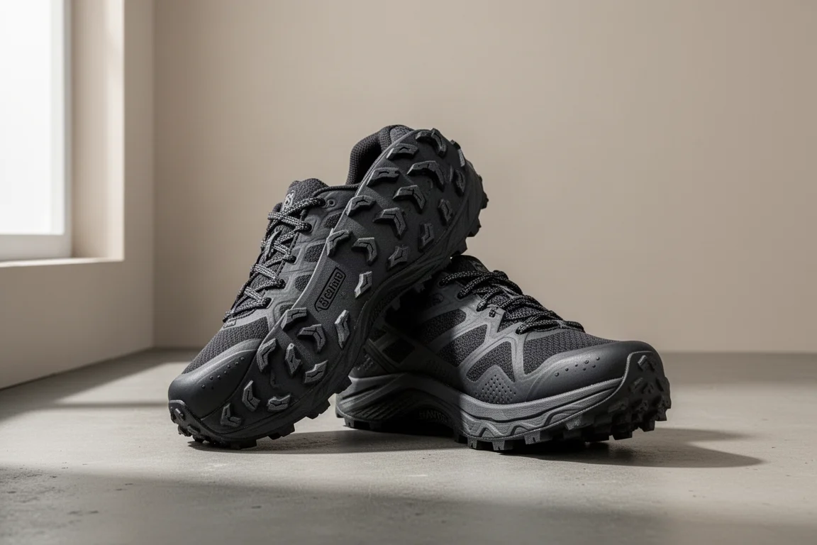 Paar Trailschuhe mit aggressivem Stollprofil auf einer Betonfläche