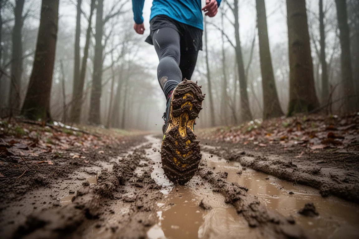 Runner crossing a muddy forest trail wearing soft-ground trail shoes