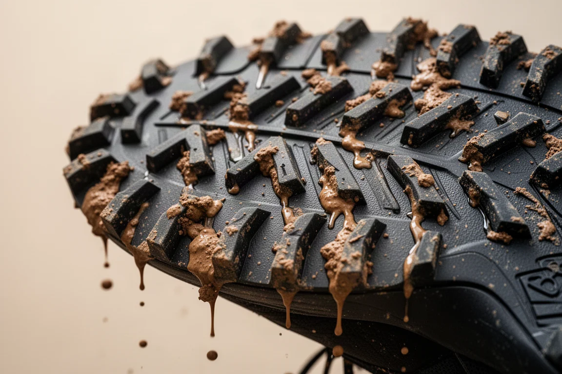 Close-up of deep multi-directional lugs shedding wet mud