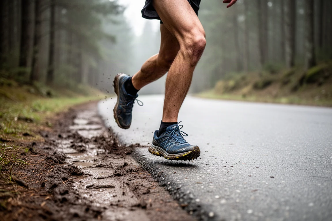 Trail shoe stepping onto a short section of paved road between forest trails