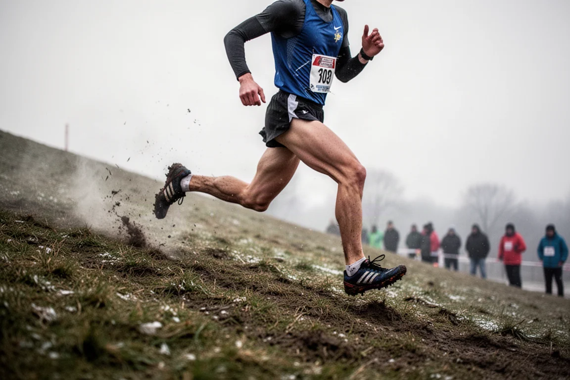 Runner racing up a steep grassy hill in a cross country race