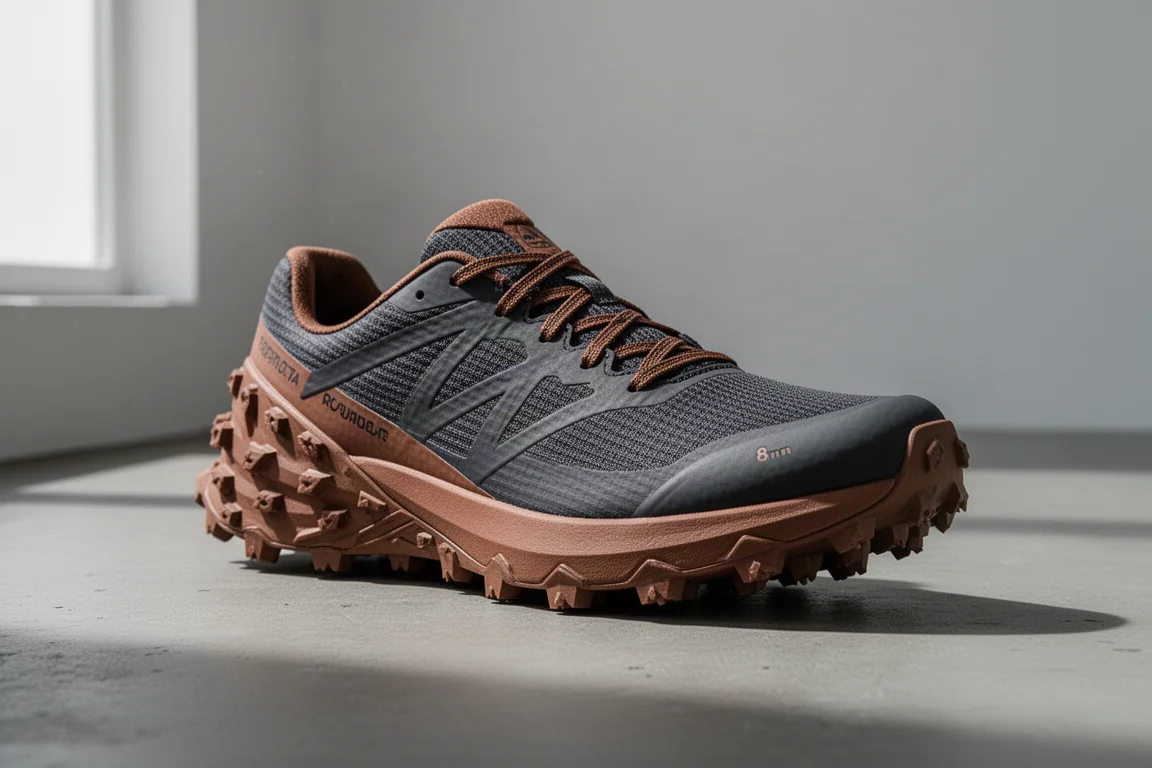Inov-8 MudTalon Speed trail shoe with deep lugs shown at a three-quarter angle