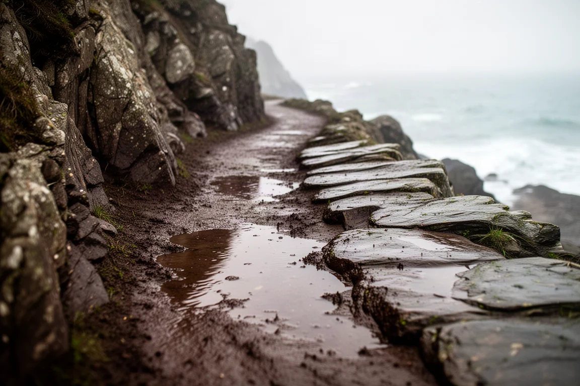 Muddy coastal trail with wet slippery rock and standing water