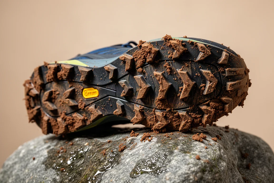 Close-up of an aggressive trail shoe outsole with 8 mm lugs coated in mud