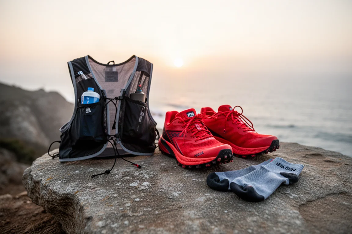 A runner changing trail shoes next to a race vest on a coastal path
