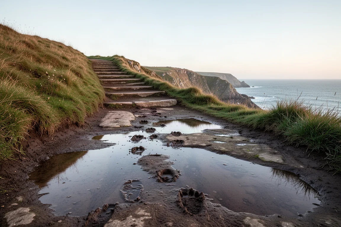 Technical trail with short, steep climbs and puddles under a cloudless sky