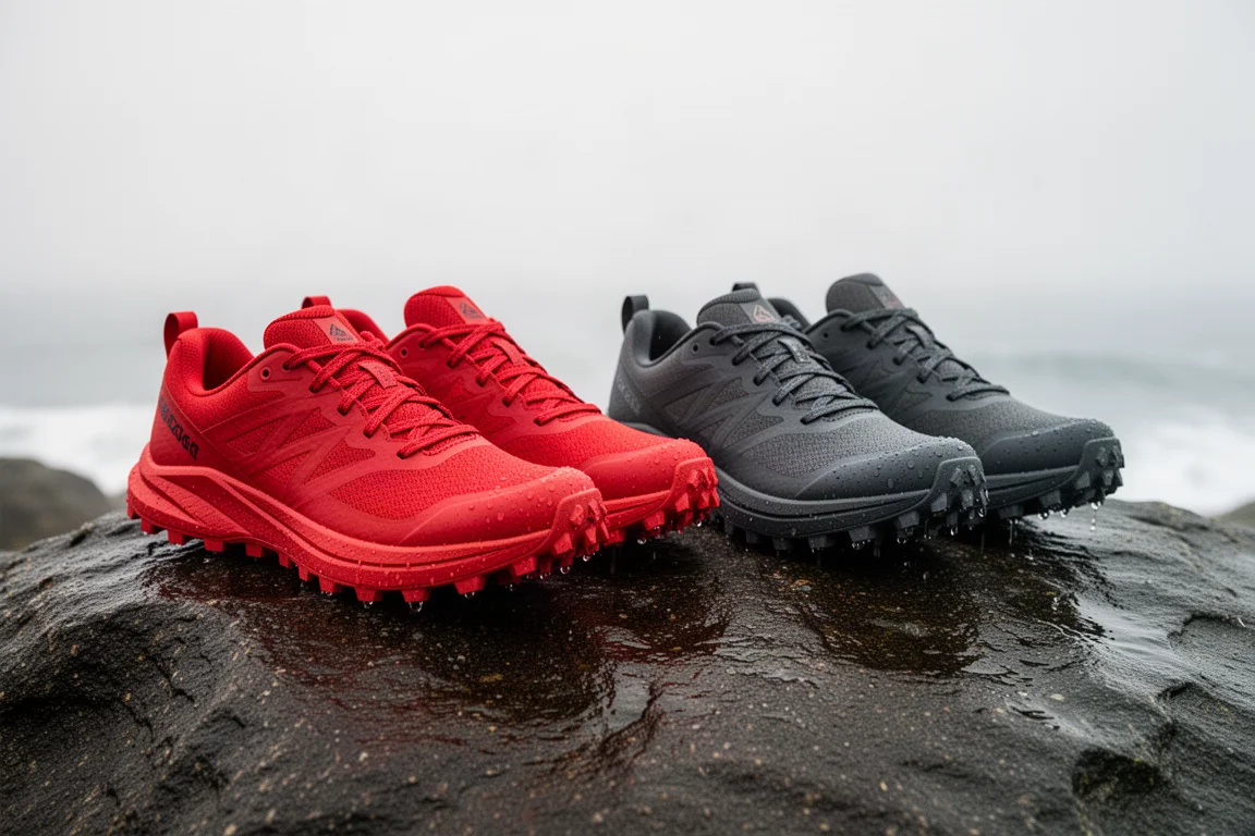 Zwei Paar Laufschoenen mit Profilaufsohle, eines rot und eines dunkel, auf nassem Küstengestein