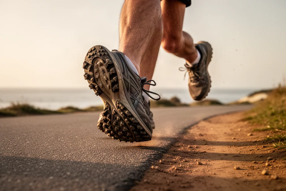 Runner's feet in crossover trail shoes on a mixed road and coastal trail path