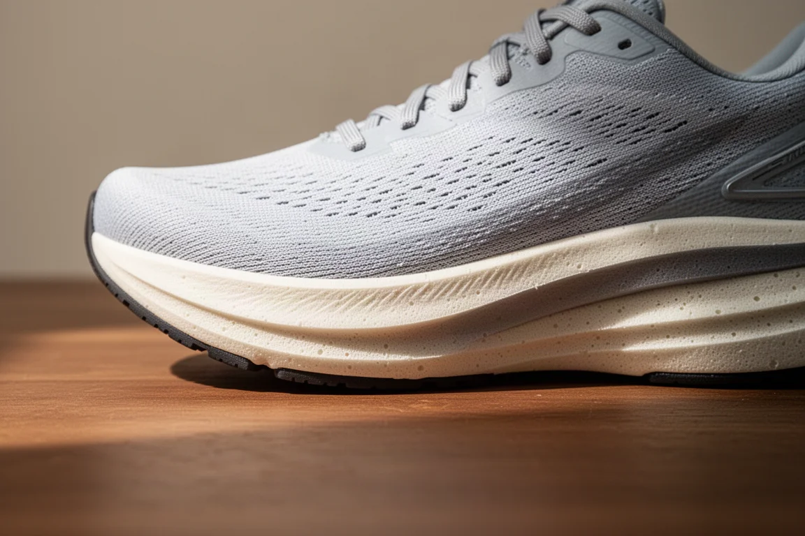 Close-up of a graphene-infused running shoe midsole foam under soft light