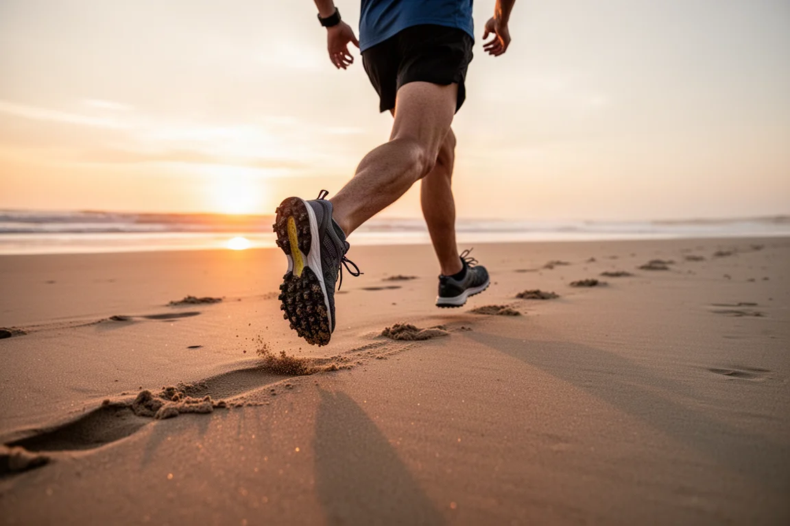 Trail shoes crossing soft sand dunes at sunset