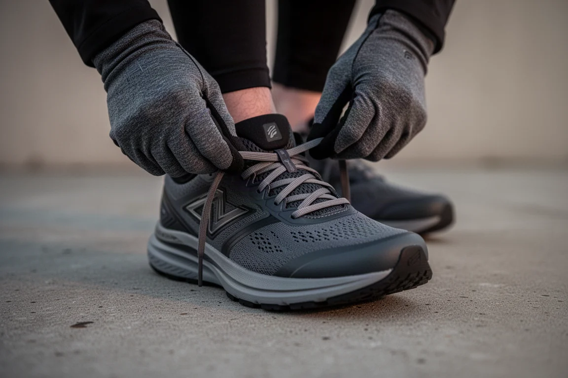 Lacing system of a running shoe being tightened across the eyelets