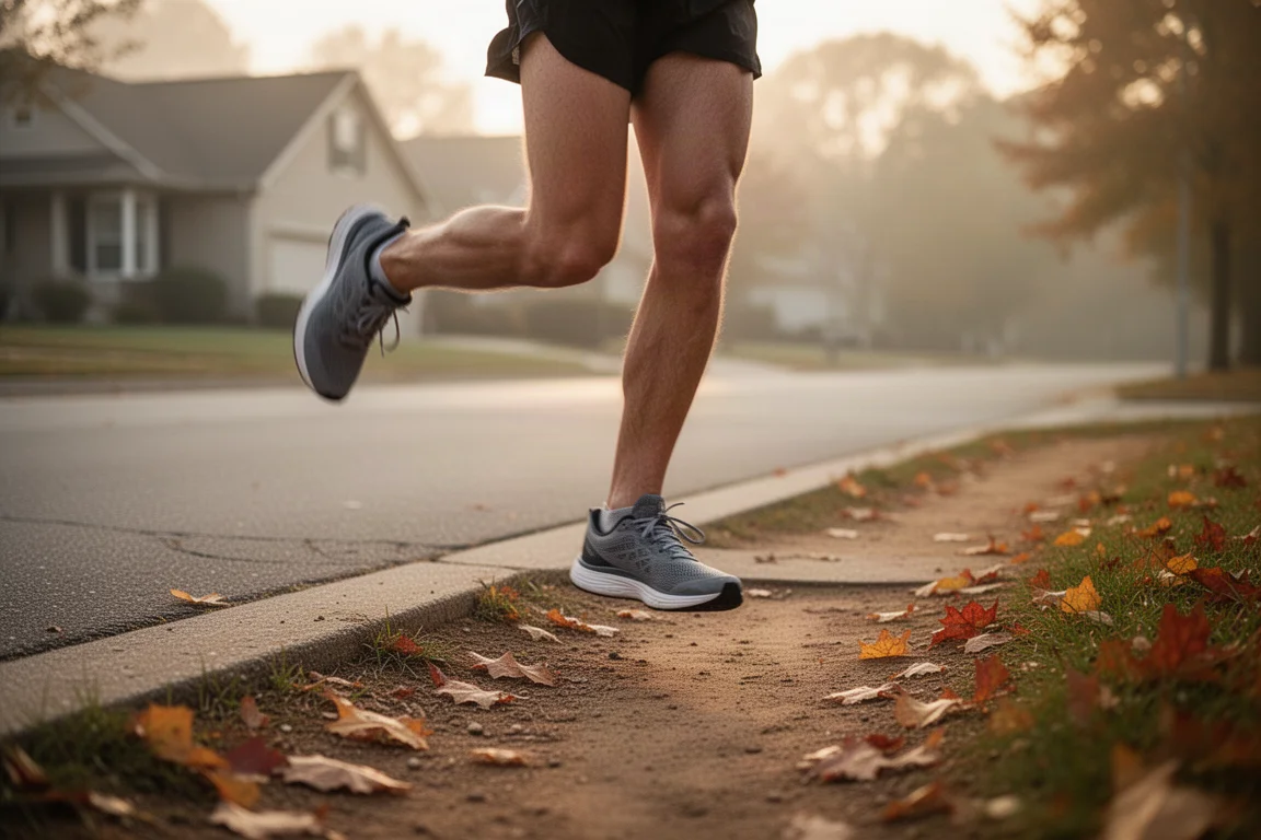 Pieds d'un coureur passant d'une voie bitumée à un sentier gravelé à l'aube
