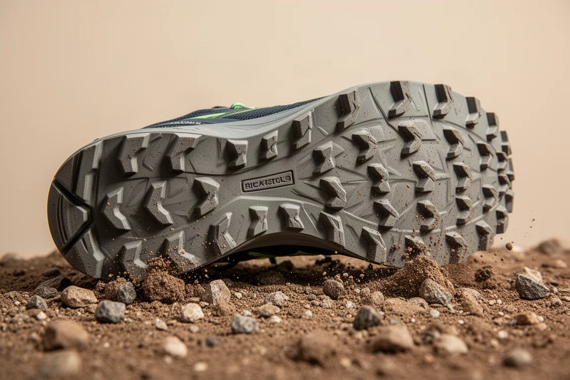 Semelle extérieure d'une chaussure de trail montrant des crampons en caoutchouc profonds