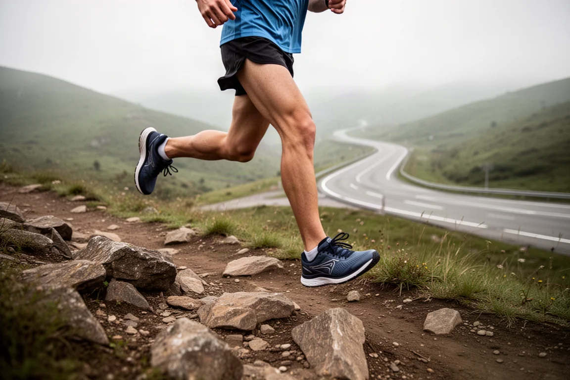 Coureur sur un sentier boisé modéré avec racines et graviers sous les pieds