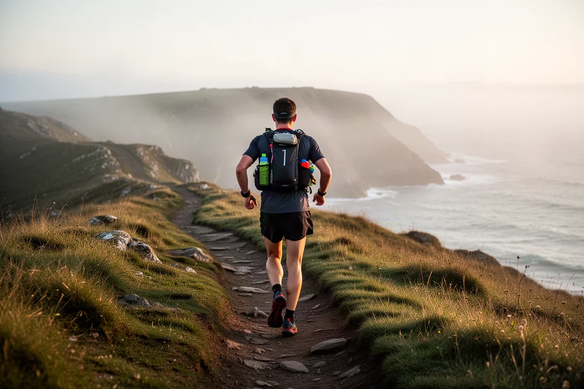 Trailrunner auf einem Küstenweg im sanften Morgenlicht mit beladenem Laufrucksack