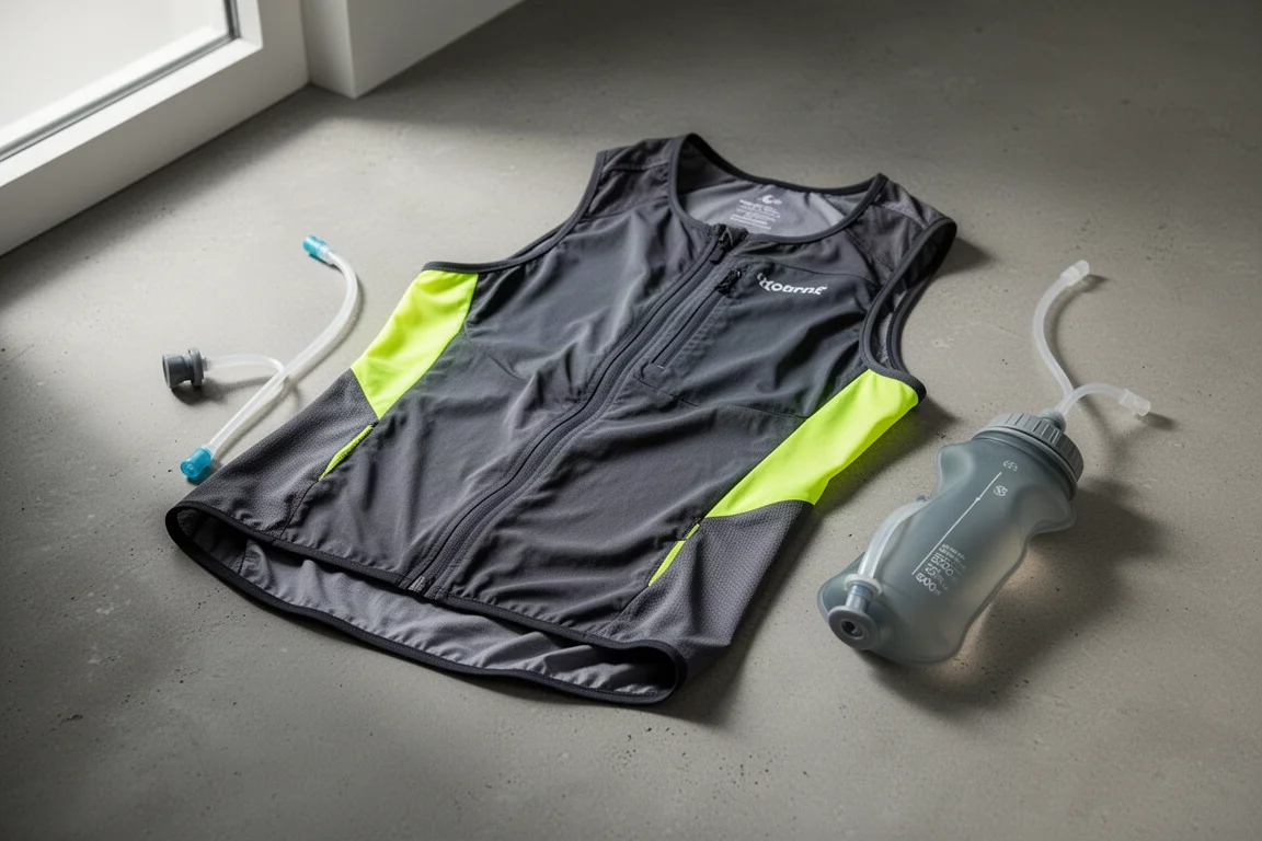 Inov-8 Race Ultra Pro 5 running vest with two soft flasks on a concrete surface