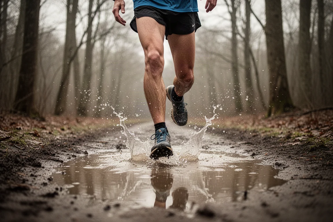 Trail runner splashing through a shallow puddle on a muddy forest track