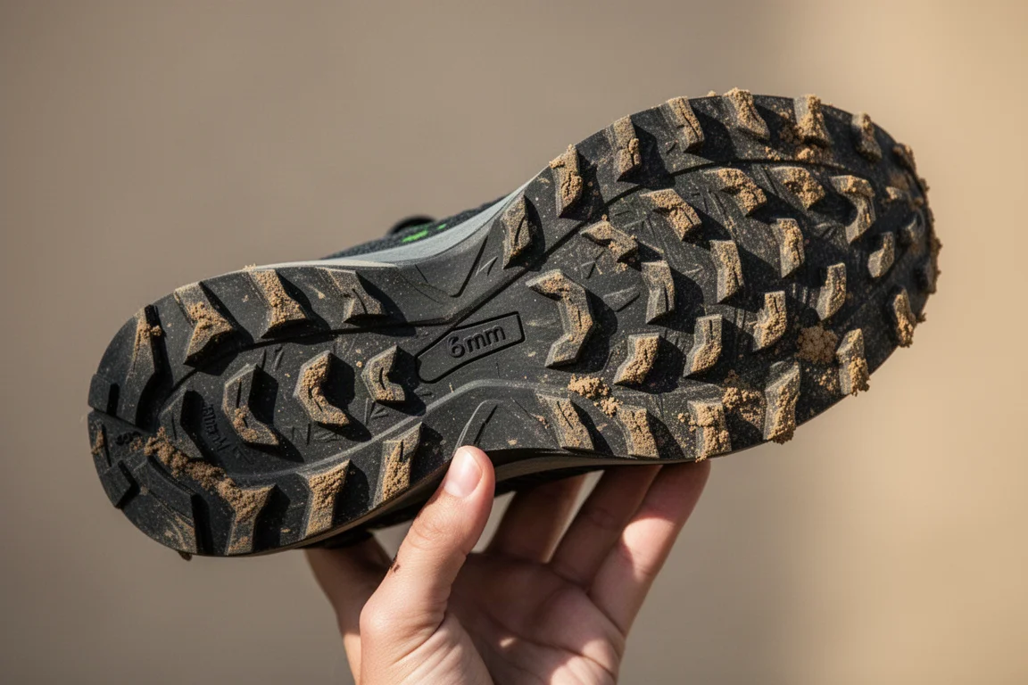 Close-up of a trail shoe outsole showing deep multidirectional lugs caked with light mud