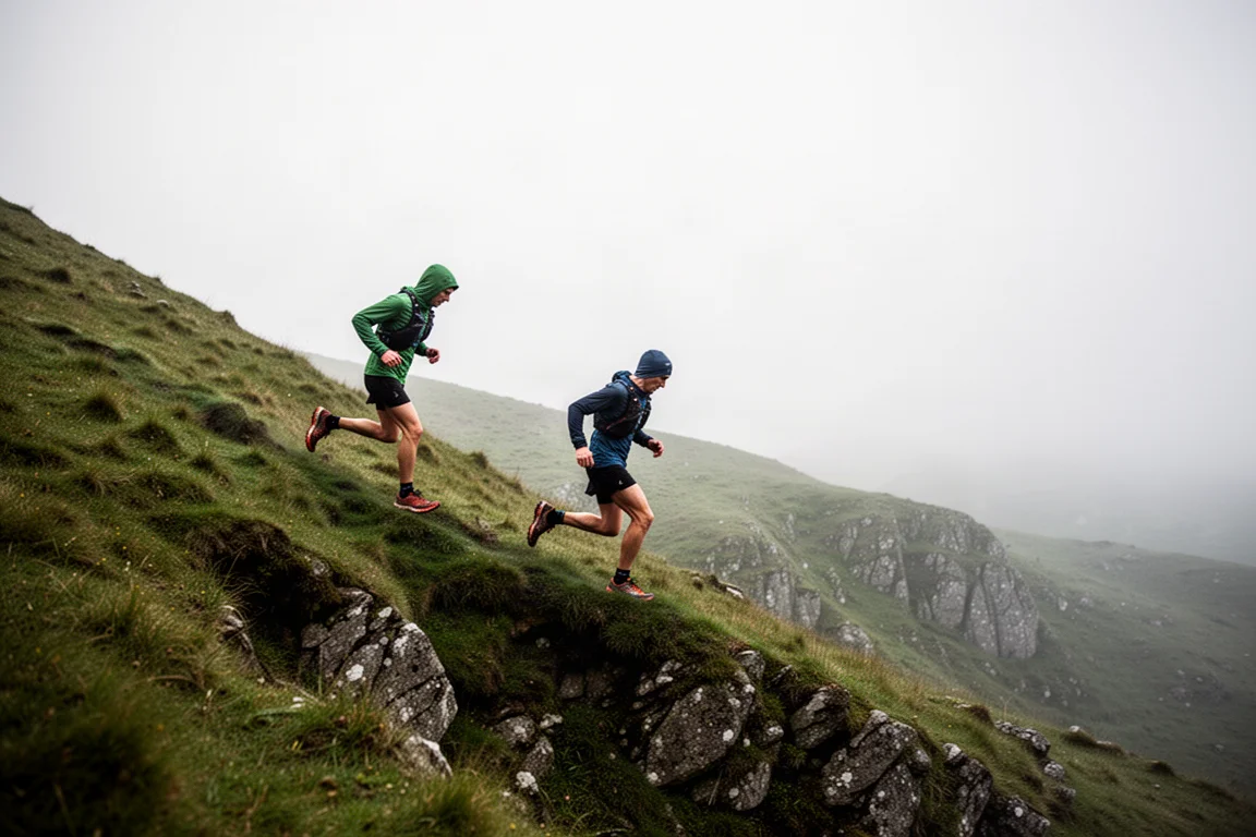 Runner descending a steep grassy hillside in overcast conditions