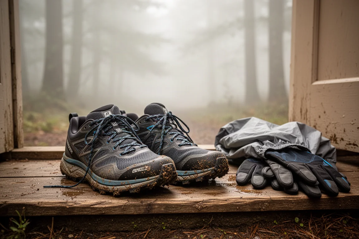 Pair of trail running shoes resting on a doorstep beside wet forest gear