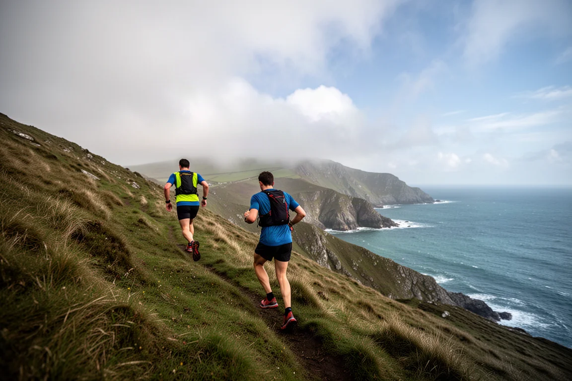 Trail runner climbing a steep grassy coastal hill under clearing skies