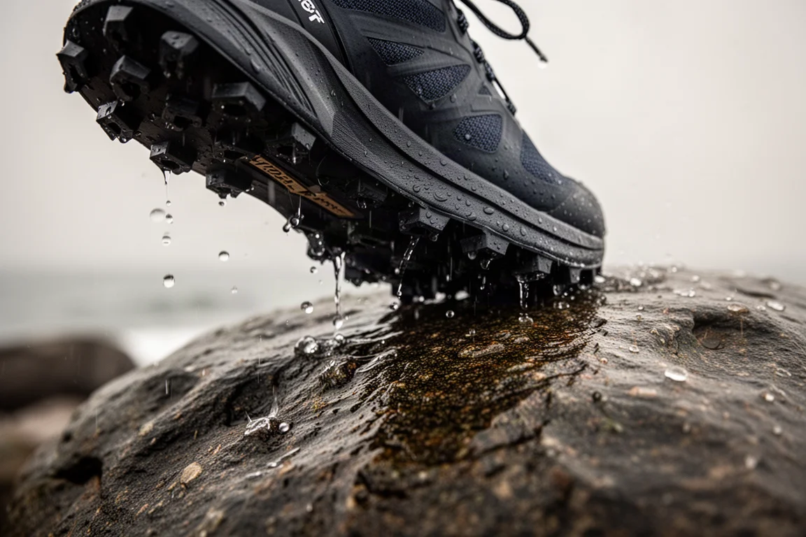 Close-up of a lugged trail shoe outsole gripping a wet coastal rock