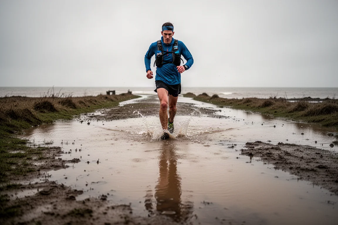 Runner wading through ankle-deep water on a flooded coastal path