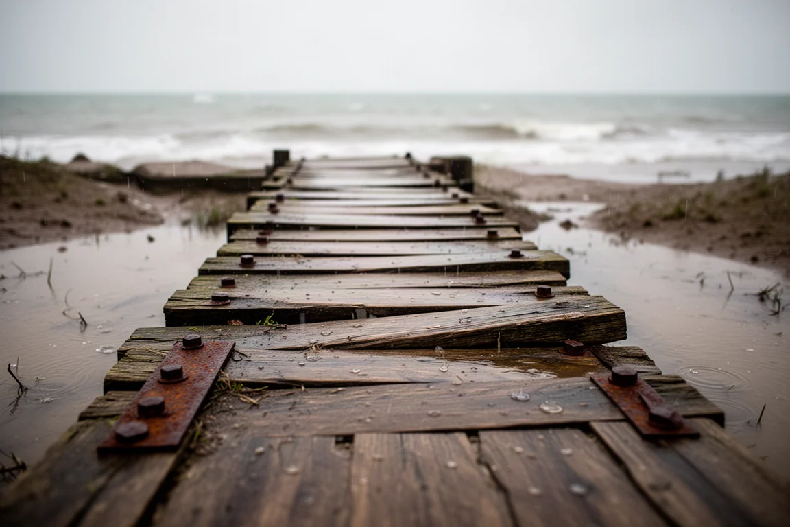 Worn wooden walkway planks over a flooded coastal path