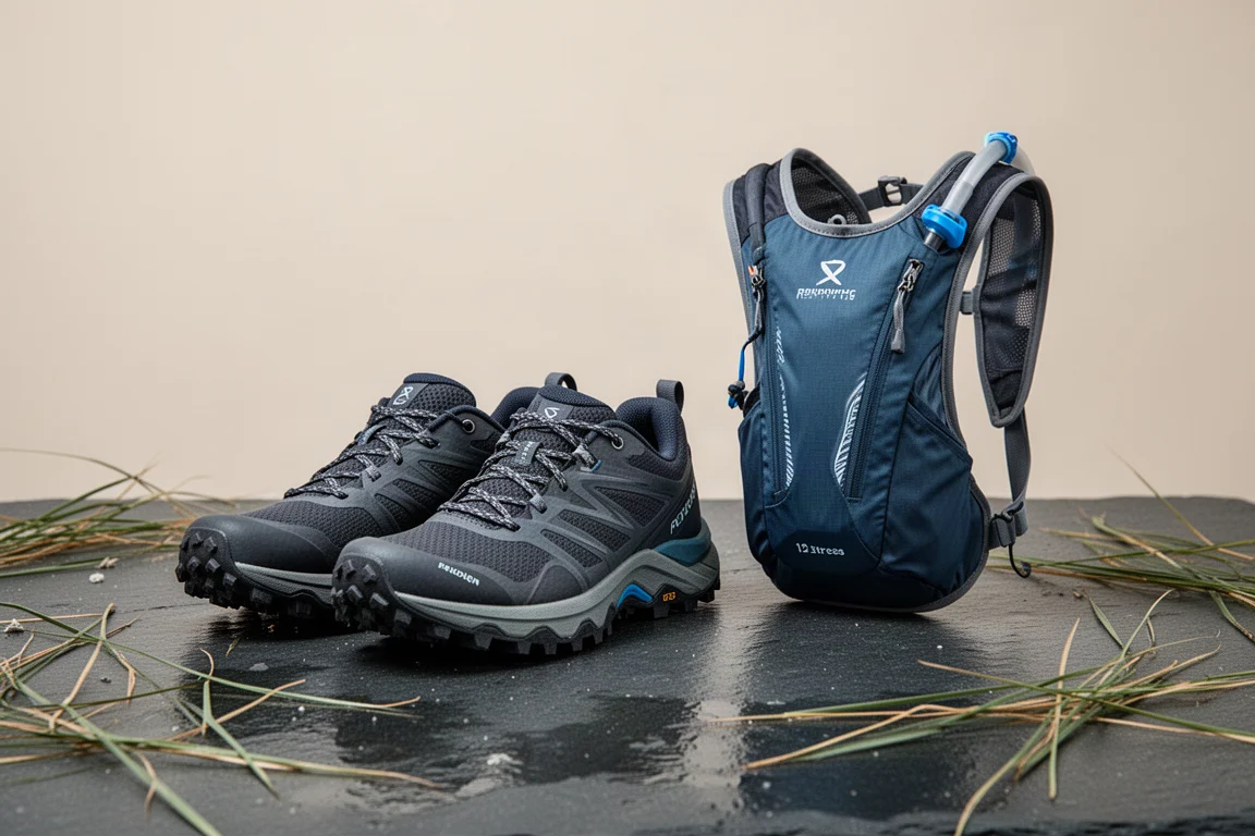 Traillaufschuhe mit Profilsohle neben einer schlanken Trinkweste auf nassem Schiefer
