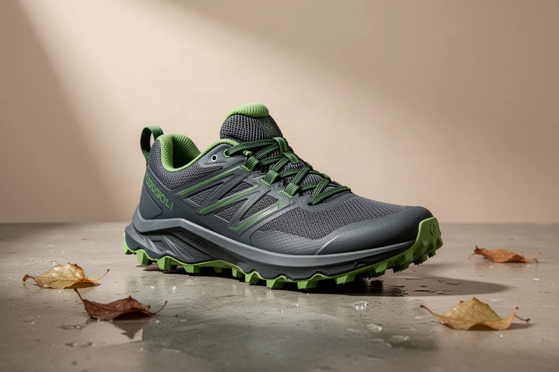 Inov-8 TrailFly Trailrunning-Schuh auf einer Betonoberfläche mit sichtbaren Außensohlen-Stollen