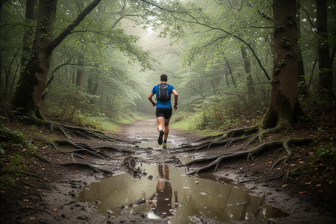 Trailrunner op een nat, modderig bospad met plassen en boomwortels